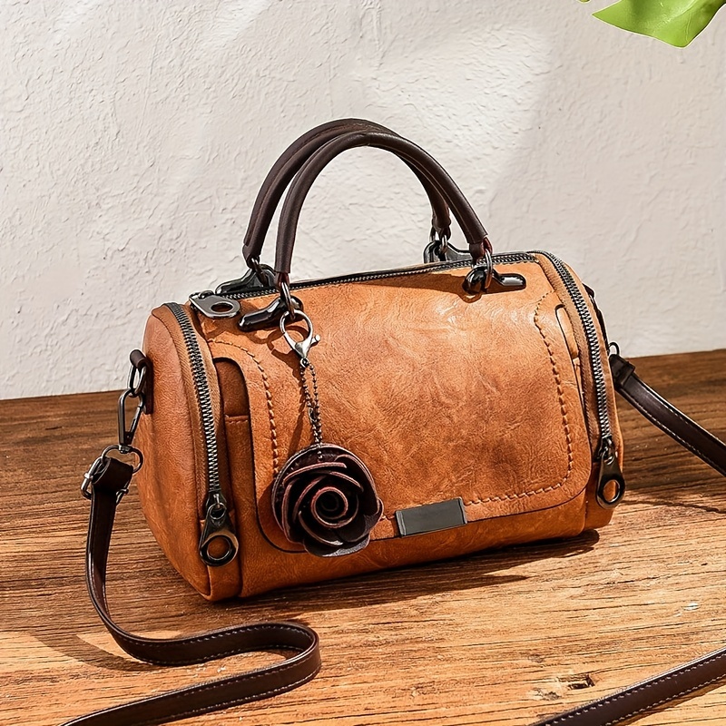 Women’s Vintage Rose Boston Bag – Large Capacity Crossbody Shoulder Purse
