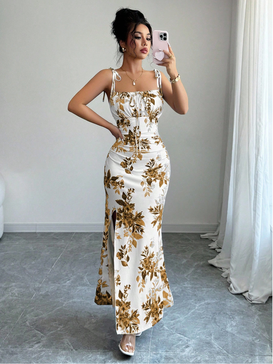 Elegant Floral Slit Maxi Dress – Slimming Fit