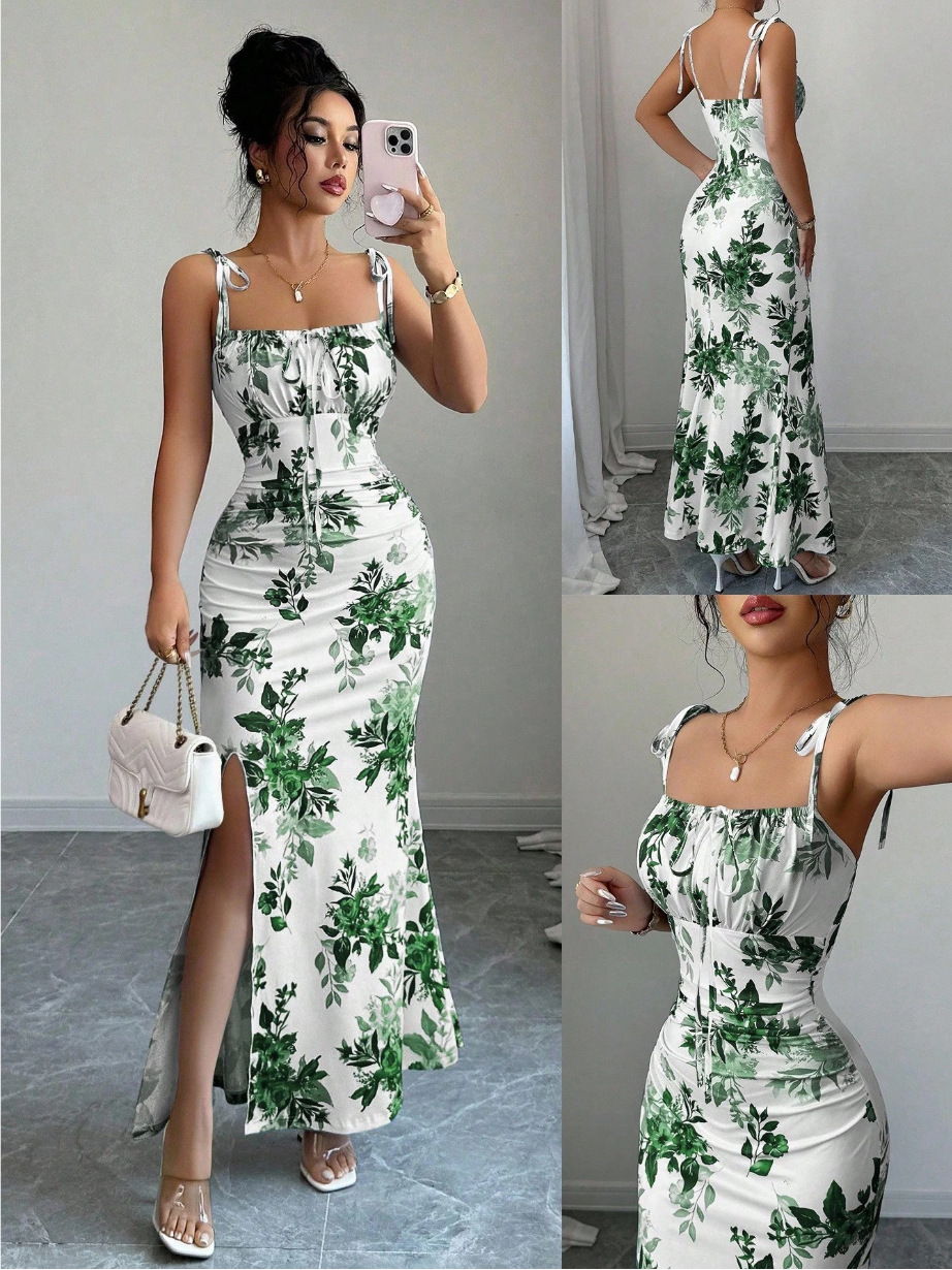 New Women's Fine Strap Bow Waist Ruched Hem Slit Design Dress
