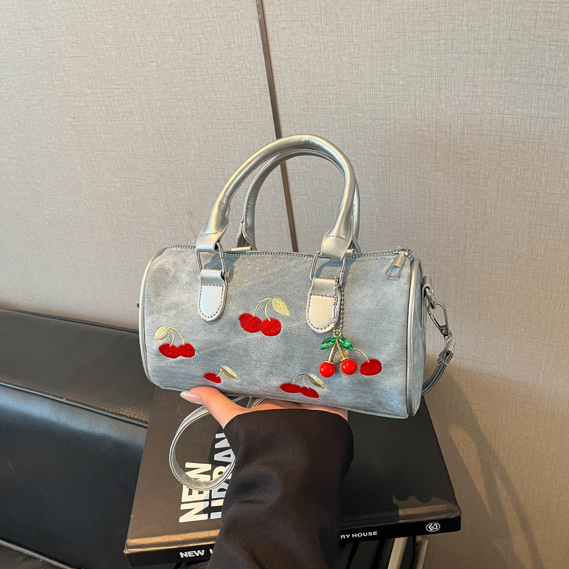 Women's Cherry Embroidered Denim Boston Bag – Vintage Everyday Handbag