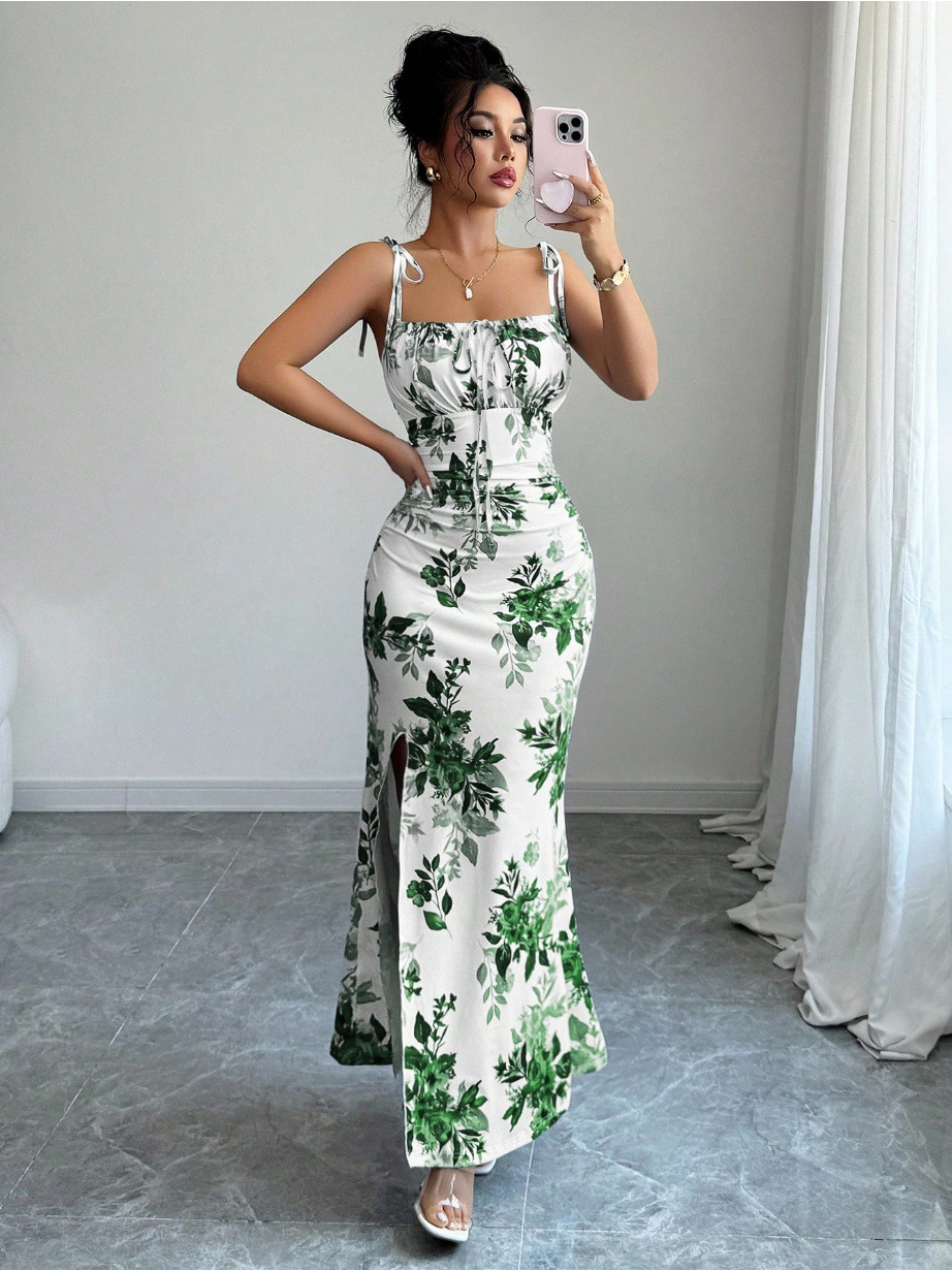 Elegant Floral Slit Maxi Dress – Slimming Fit