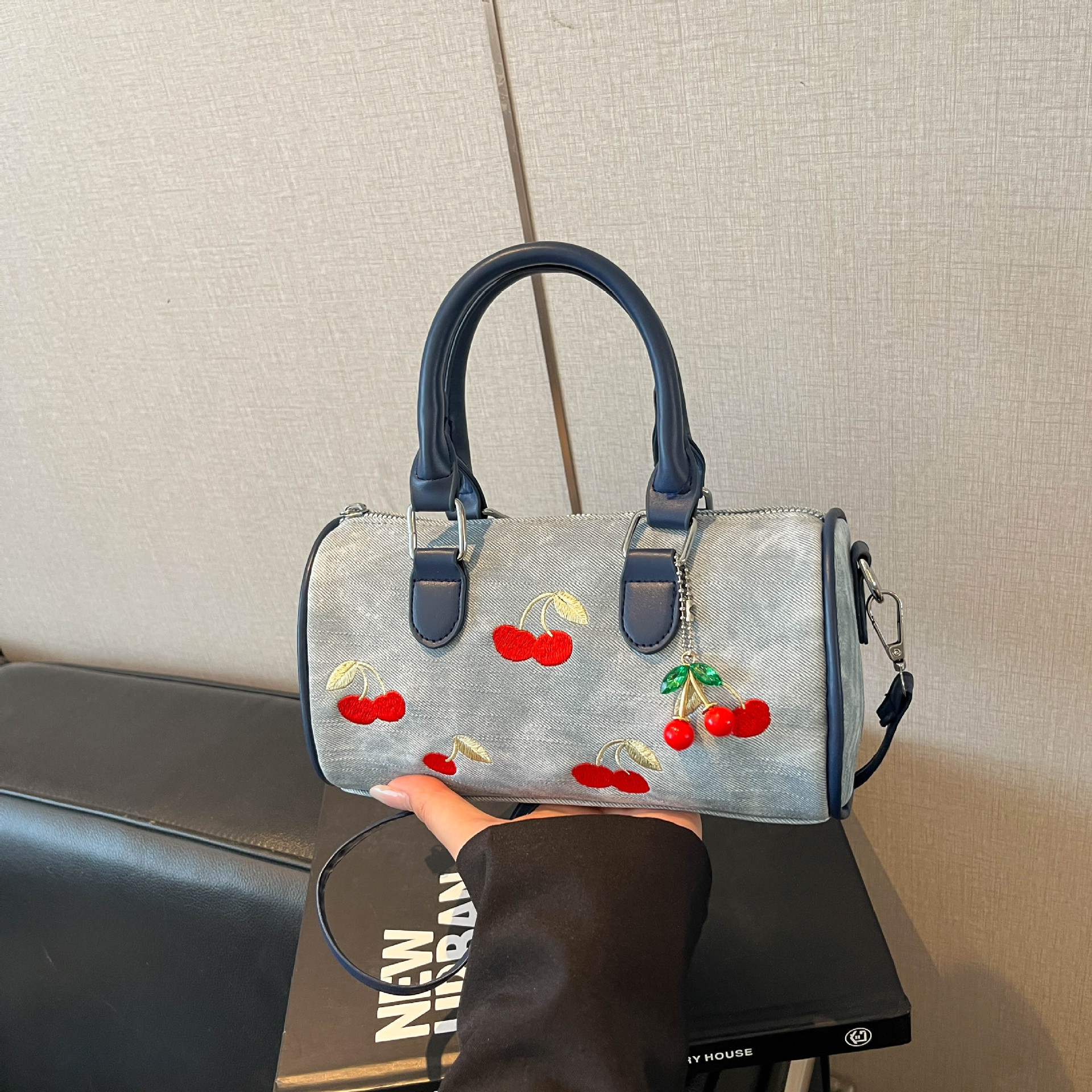 Women's Cherry Embroidered Denim Boston Bag – Vintage Everyday Handbag