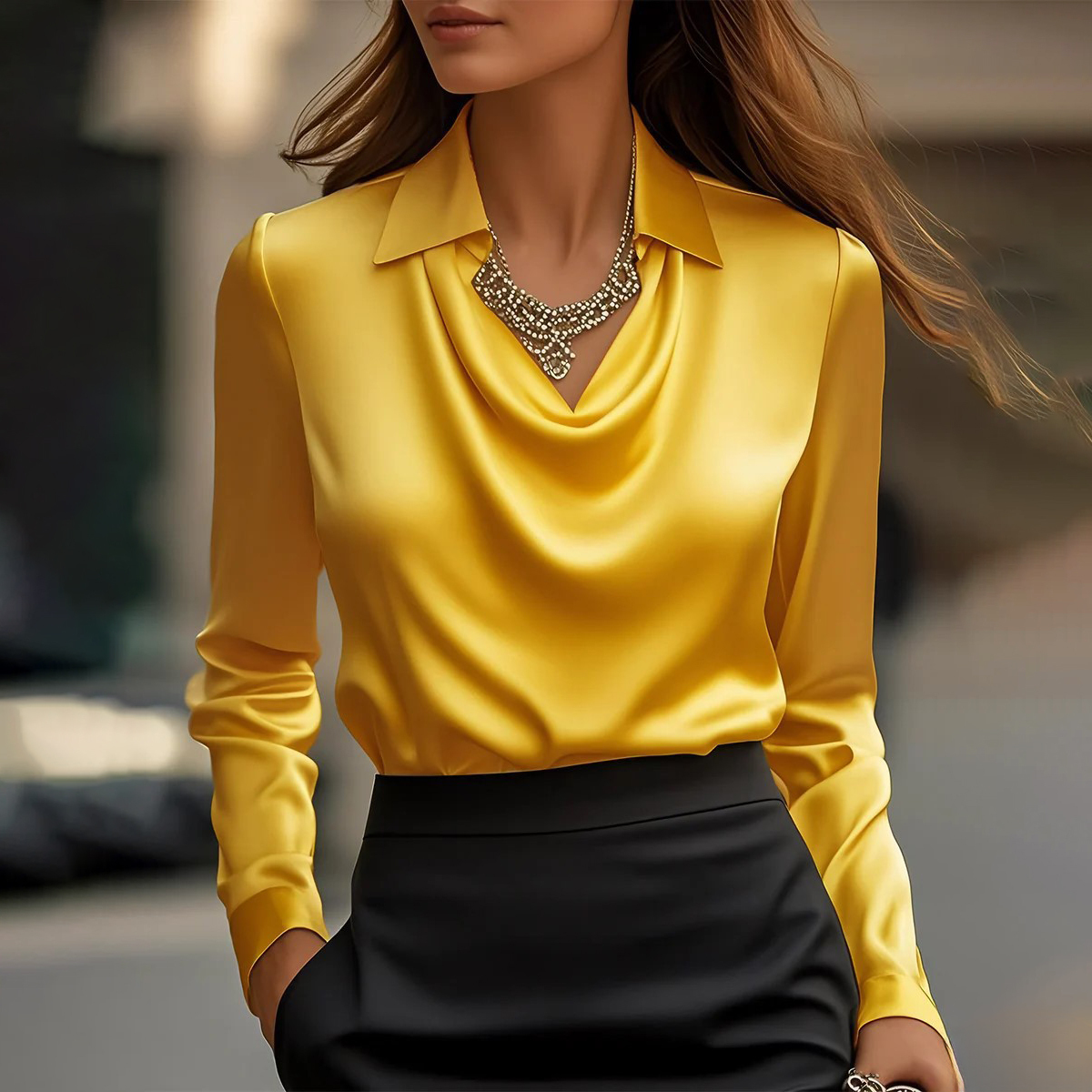 Women’s Satin Cowl Neck Blouse – Elegant Long Sleeve Top