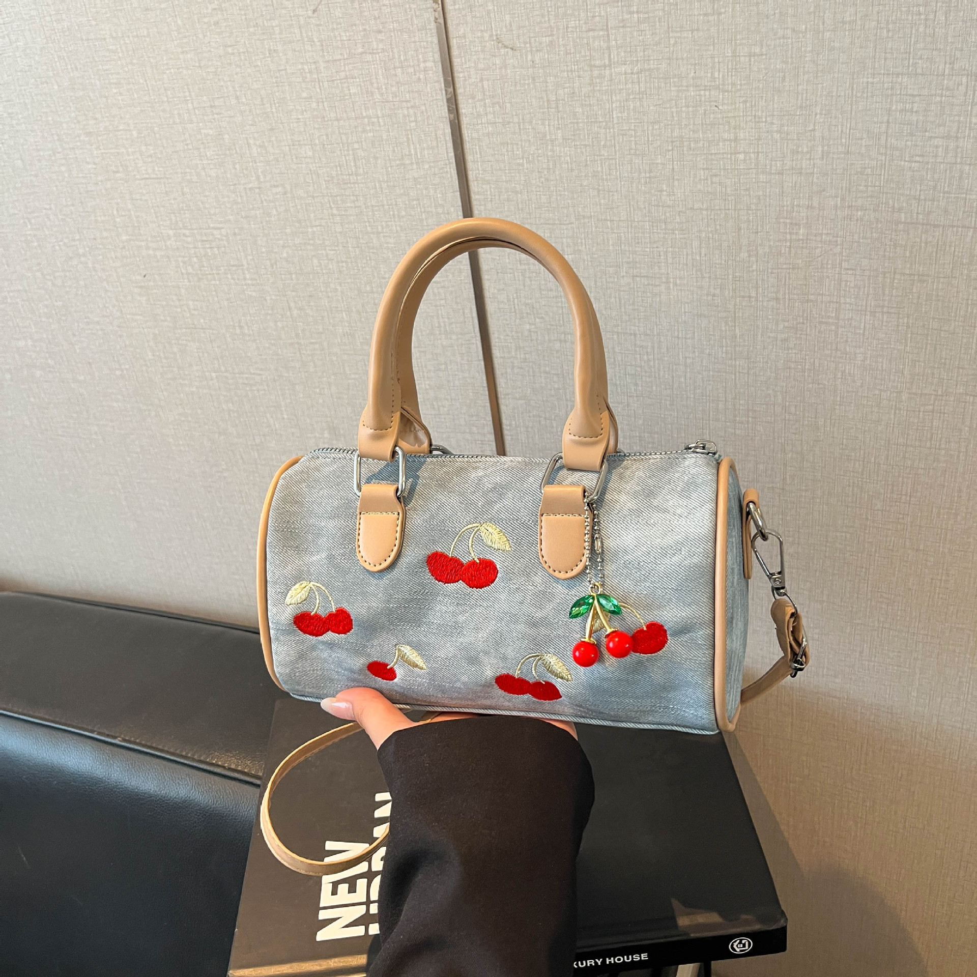 Women's Cherry Embroidered Denim Boston Bag – Vintage Everyday Handbag