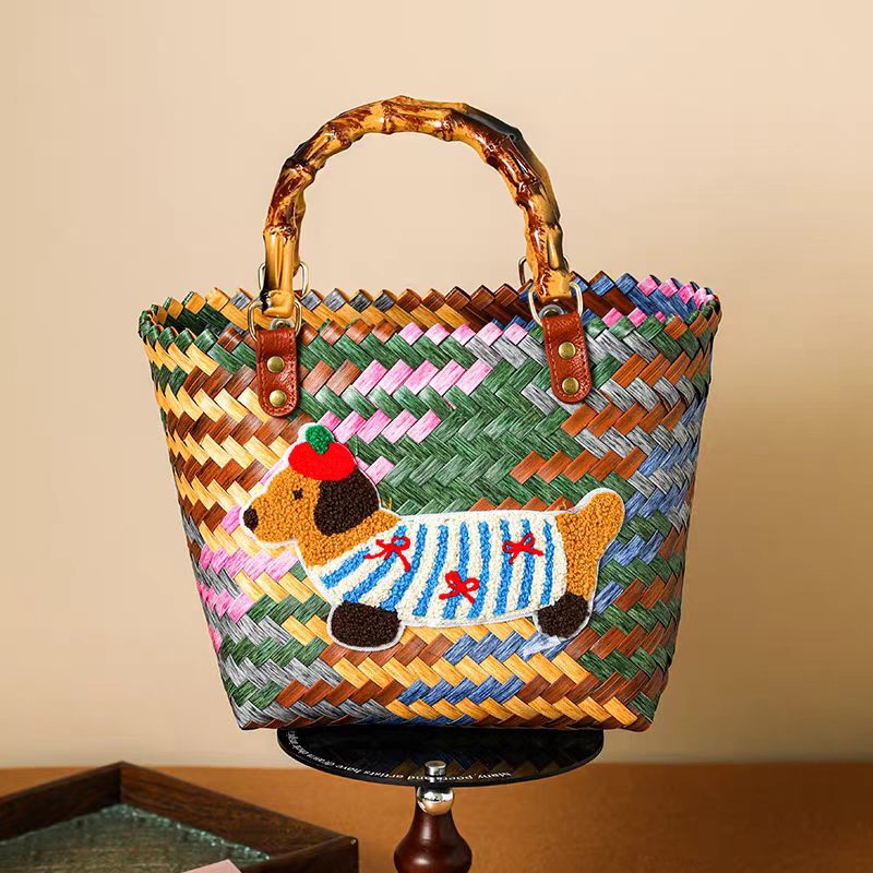 Women's Handwoven Dachshund Tote Bag – Colorful Woven Handbag with Bamboo Handles