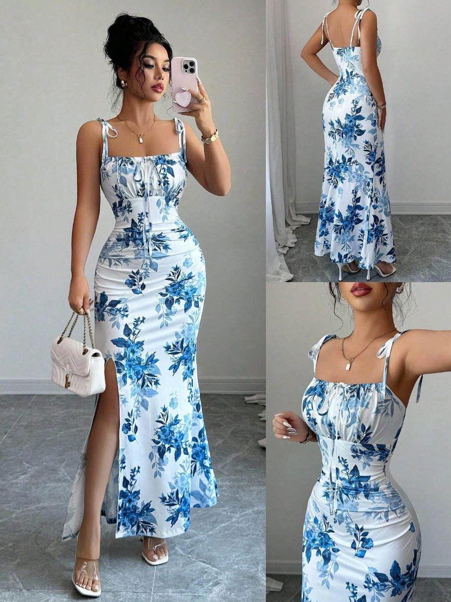 New Women's Fine Strap Bow Waist Ruched Hem Slit Design Dress