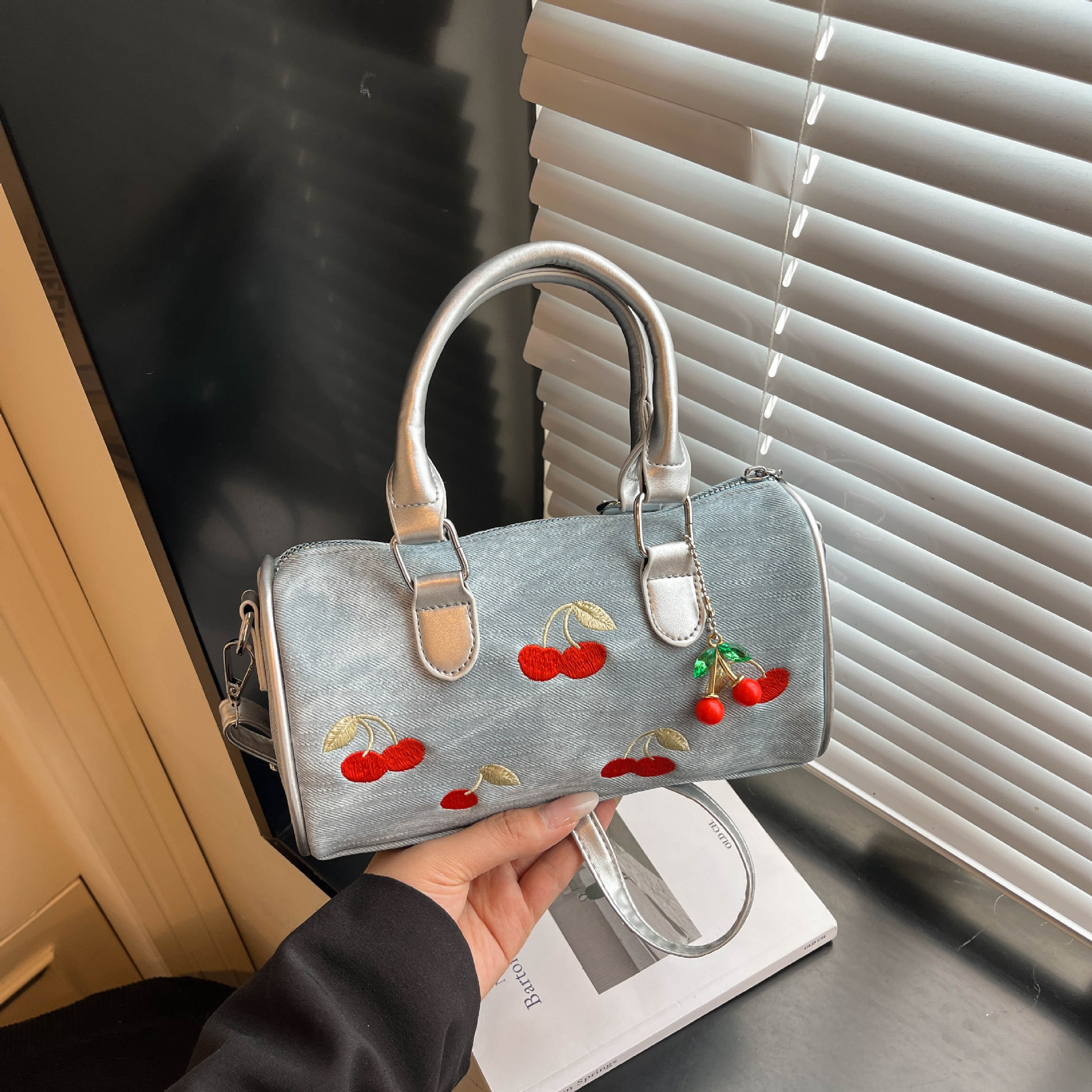 Women's Cherry Embroidered Denim Boston Bag – Vintage Everyday Handbag