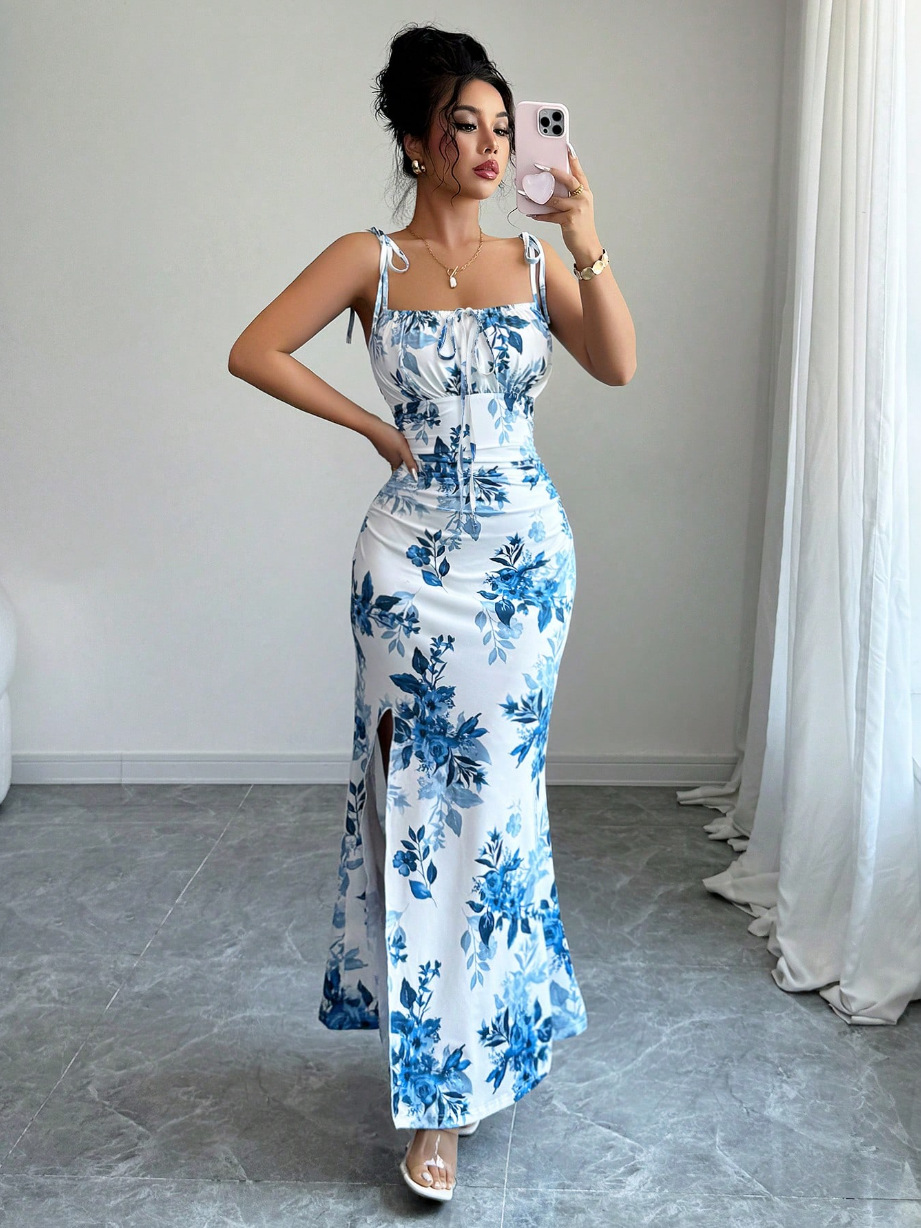Elegant Floral Slit Maxi Dress – Slimming Fit