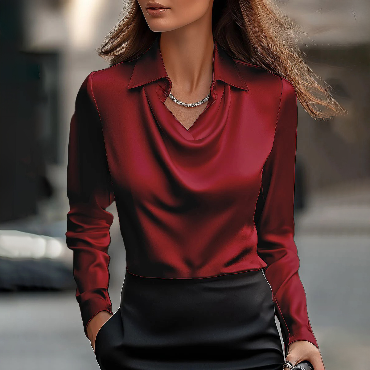 Women’s Satin Cowl Neck Blouse – Elegant Long Sleeve Top