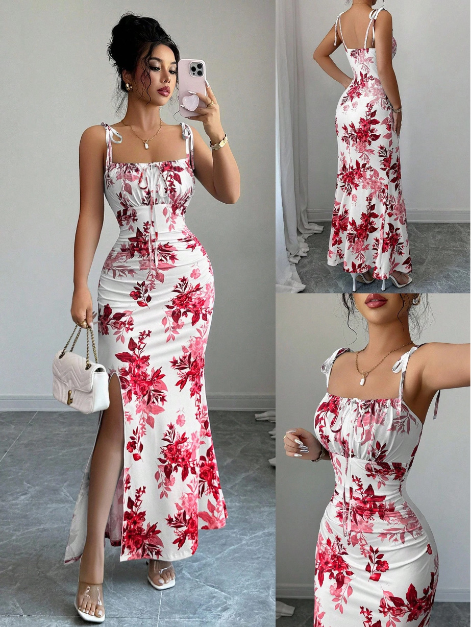 New Women's Fine Strap Bow Waist Ruched Hem Slit Design Dress
