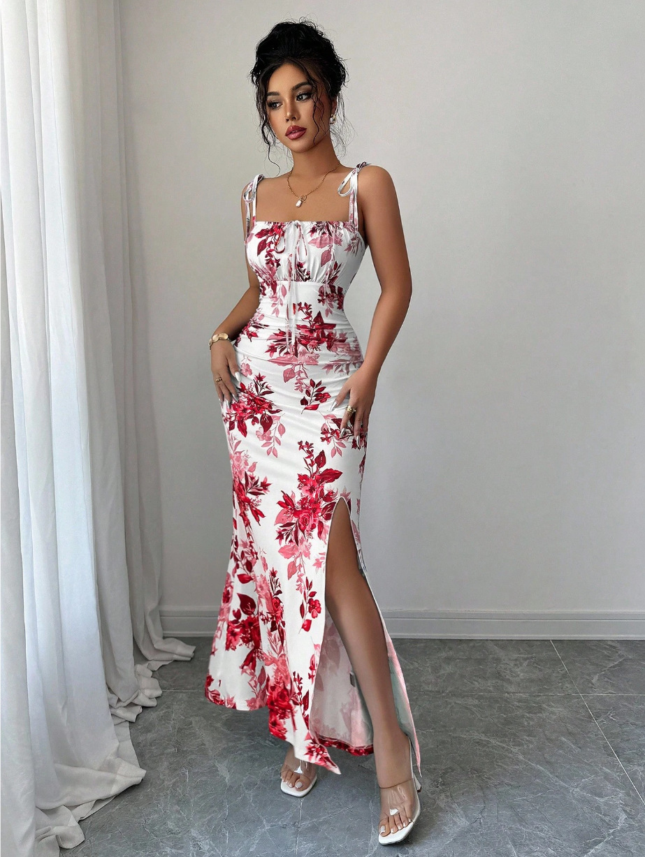 Elegant Floral Slit Maxi Dress – Slimming Fit