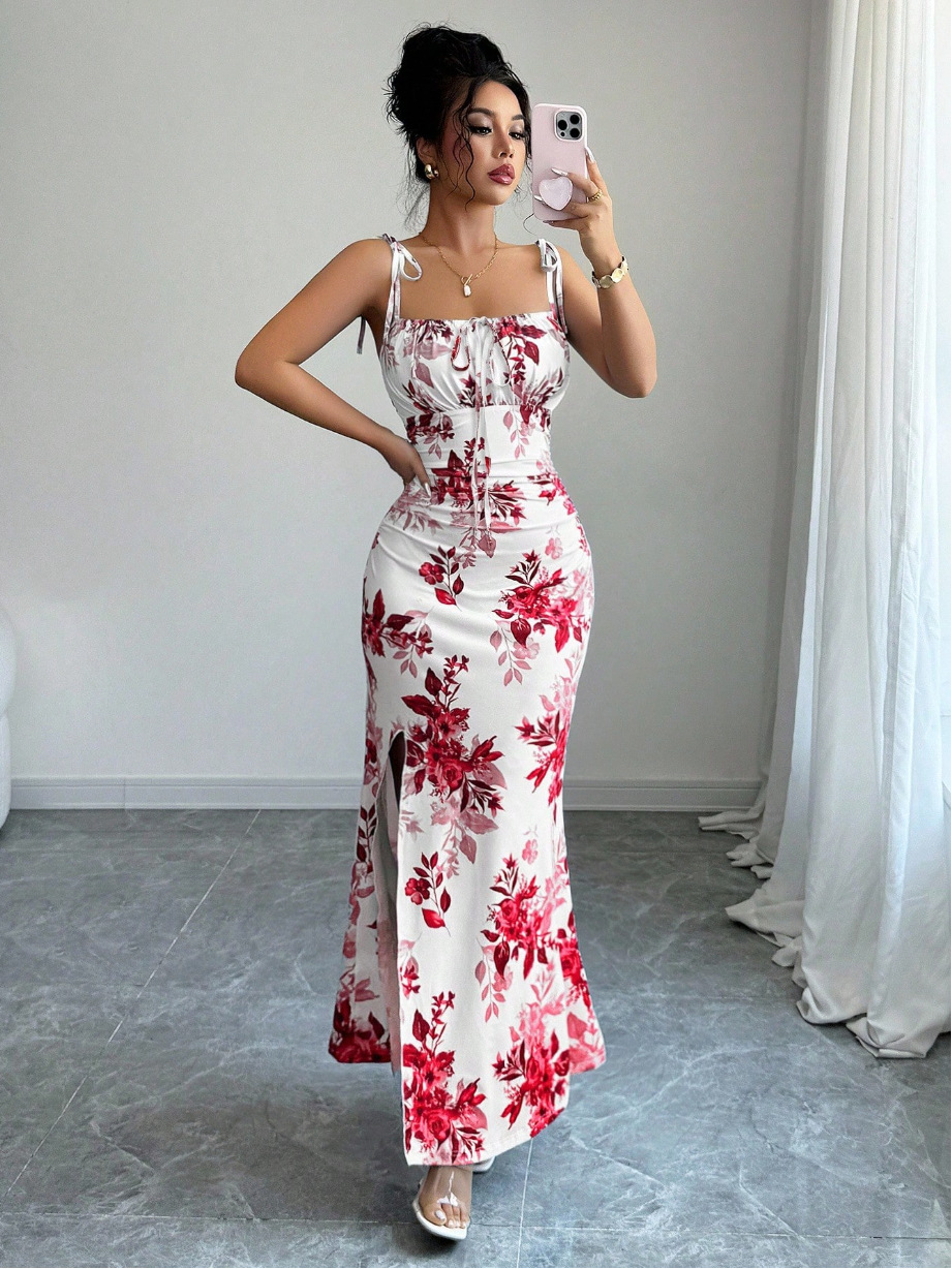 Elegant Floral Slit Maxi Dress – Slimming Fit