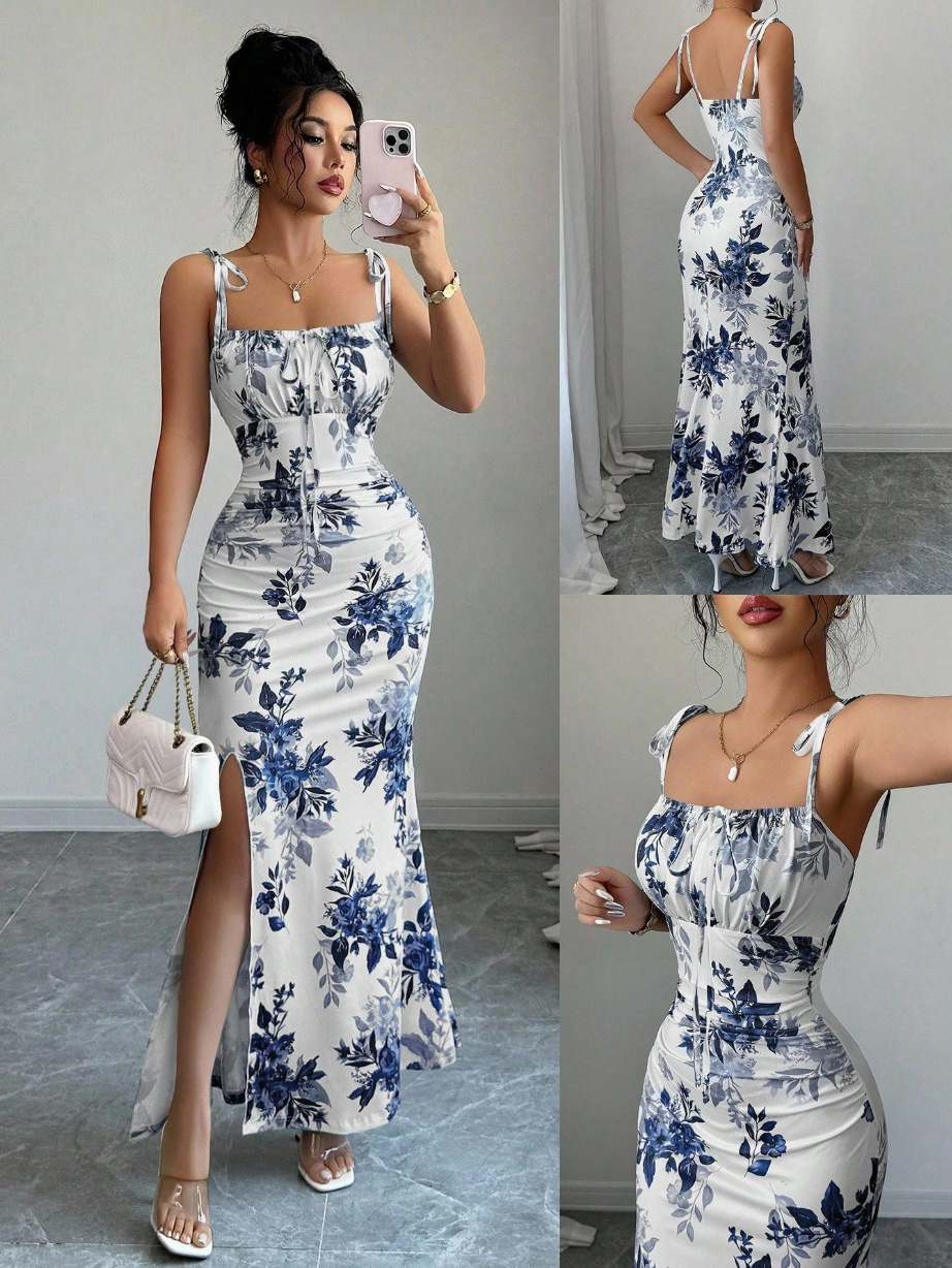 New Women's Fine Strap Bow Waist Ruched Hem Slit Design Dress