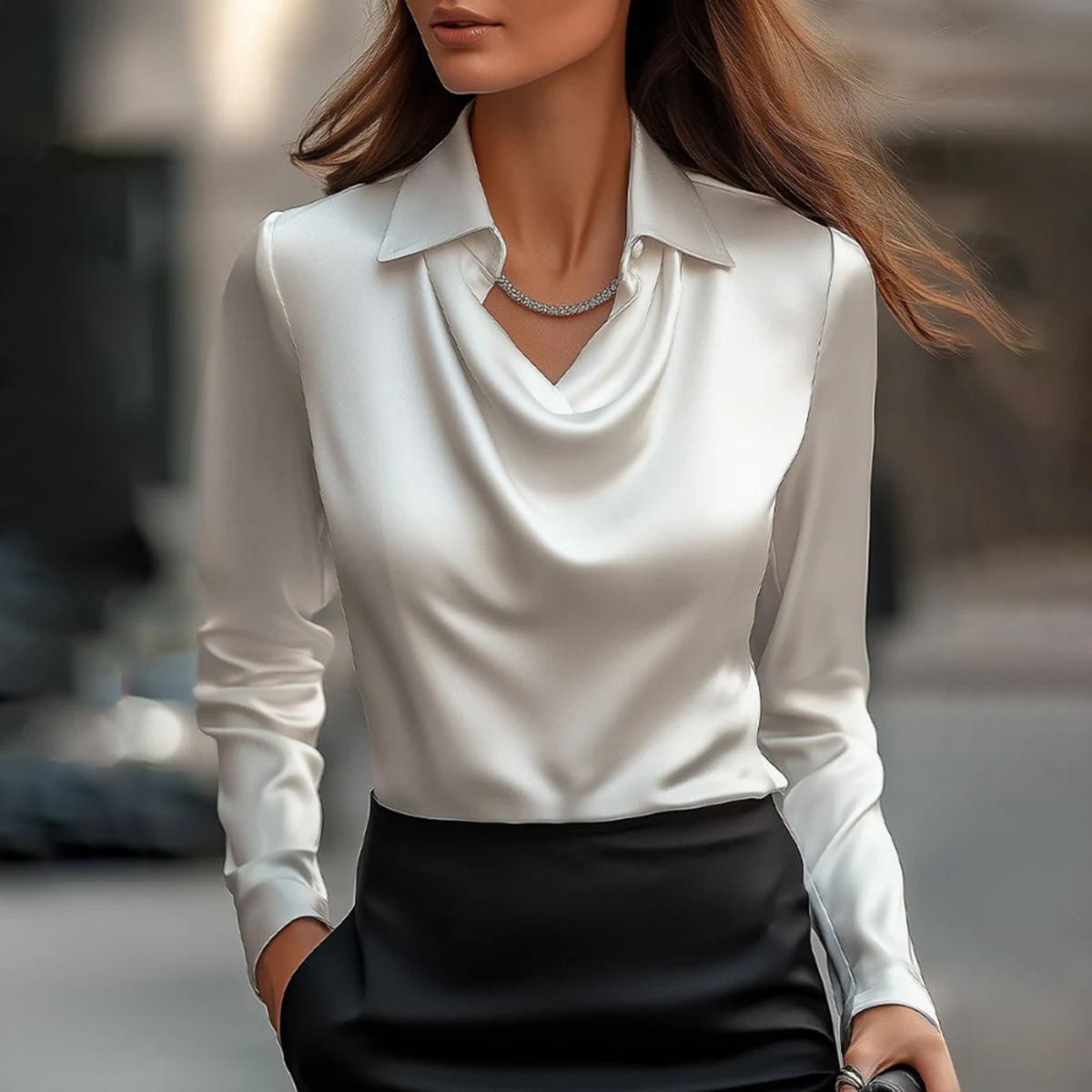 Women’s Satin Cowl Neck Blouse – Elegant Long Sleeve Top