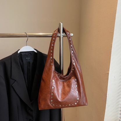 Vintage Studded Leather Shoulder Bag – Spacious Everyday Tote for Women