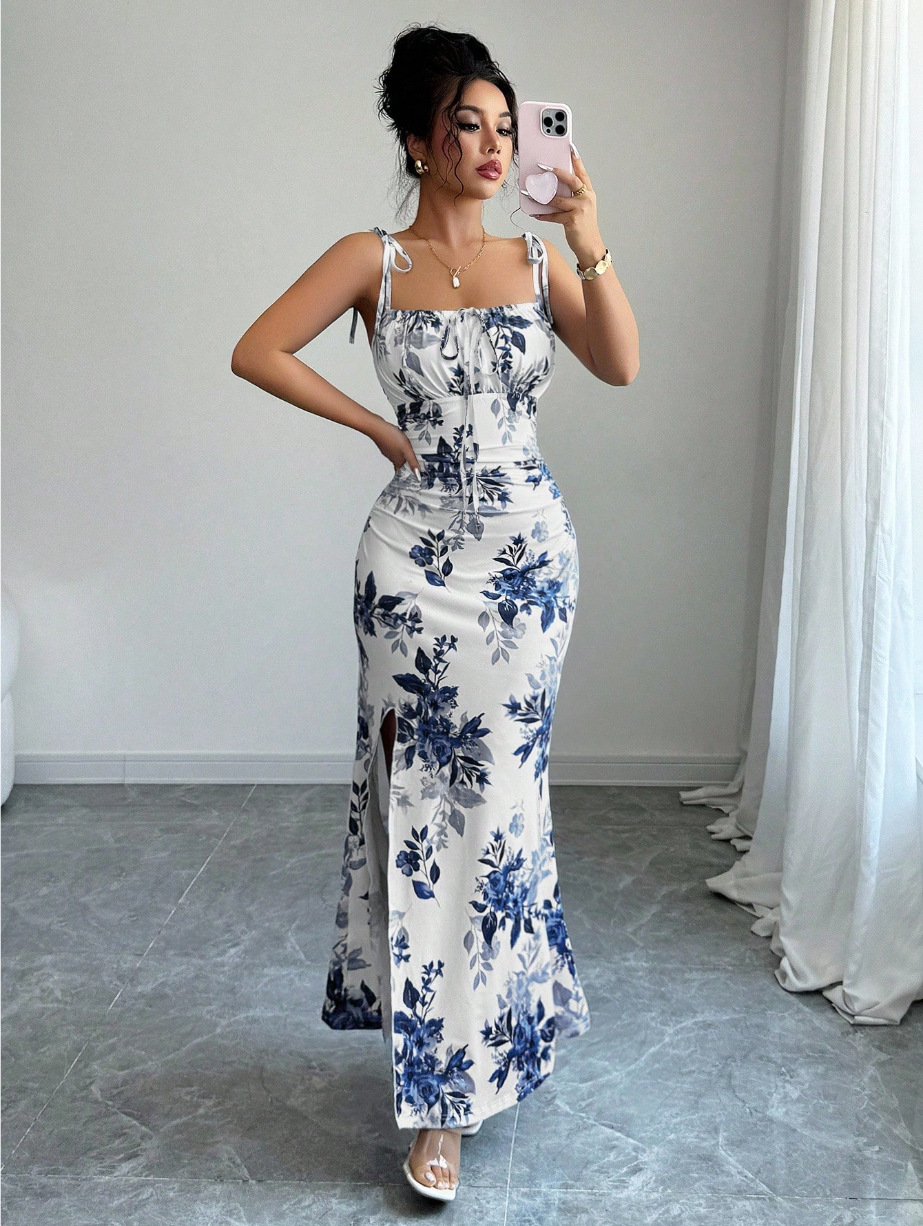 Elegant Floral Slit Maxi Dress – Slimming Fit