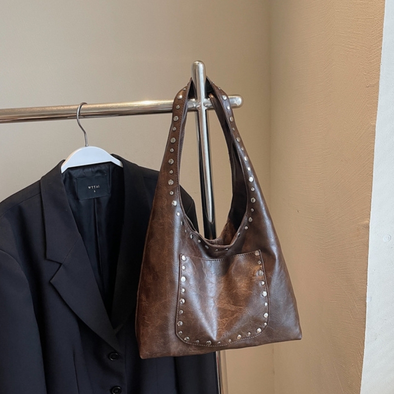 Vintage Studded Leather Shoulder Bag – Spacious Everyday Tote for Women