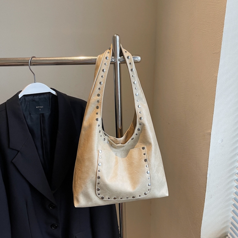 Vintage Studded Leather Shoulder Bag – Spacious Everyday Tote for Women