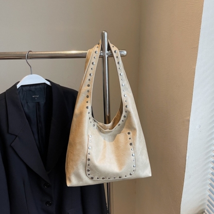 Vintage Studded Leather Shoulder Bag – Spacious Everyday Tote for Women