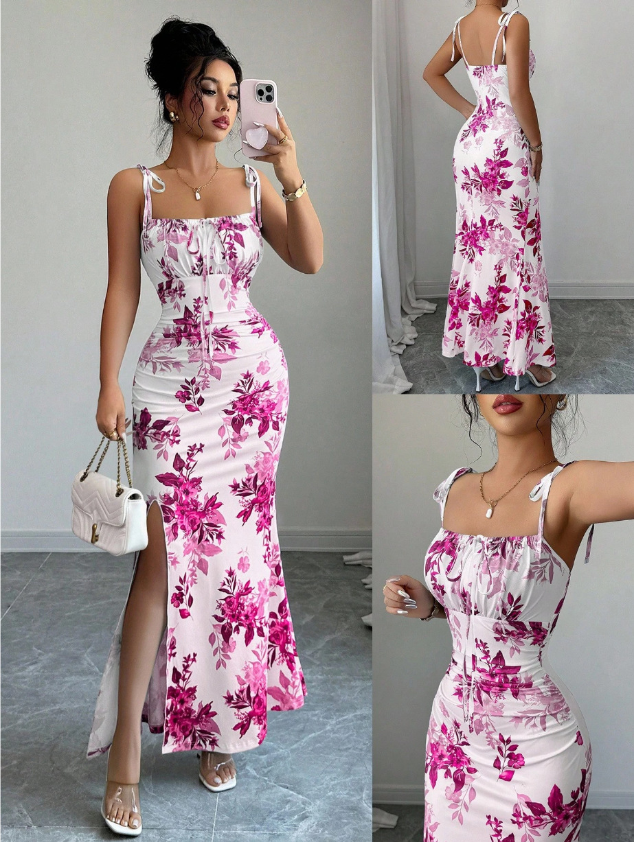 New Women's Fine Strap Bow Waist Ruched Hem Slit Design Dress