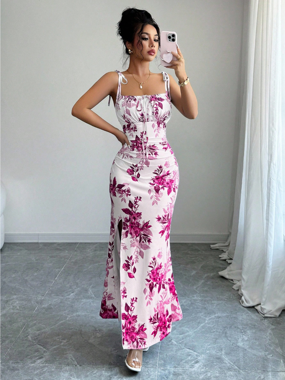 Elegant Floral Slit Maxi Dress – Slimming Fit
