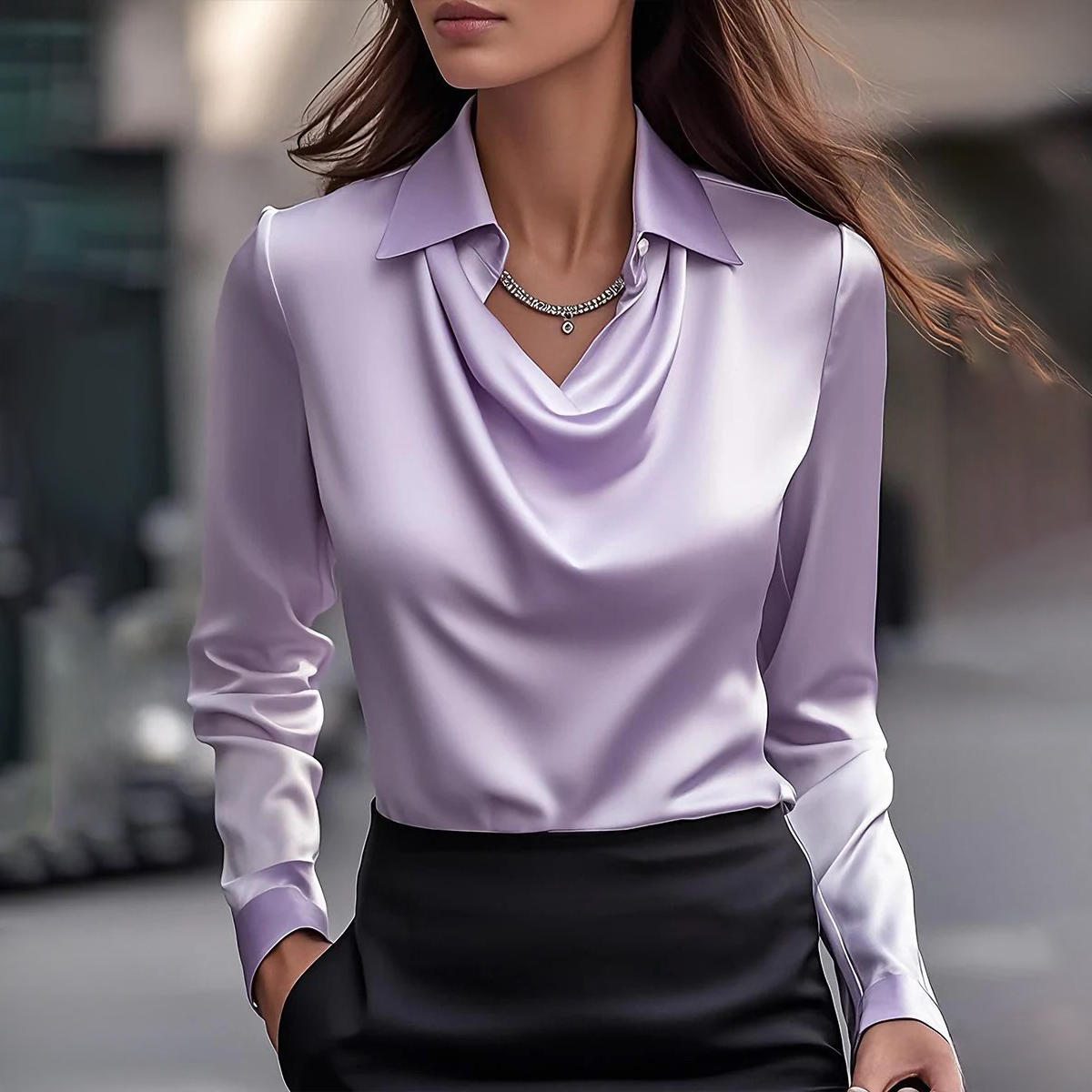 Women’s Satin Cowl Neck Blouse – Elegant Long Sleeve Top
