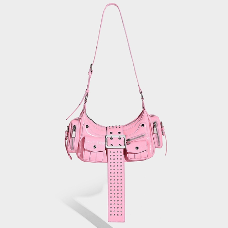 Moto Punk Studded Handbag – Rock Chic Buckle Detail Tote for Women