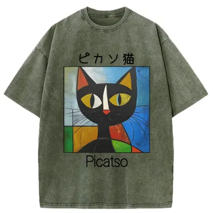 Funny Picasso Cat Washed T-Shirt