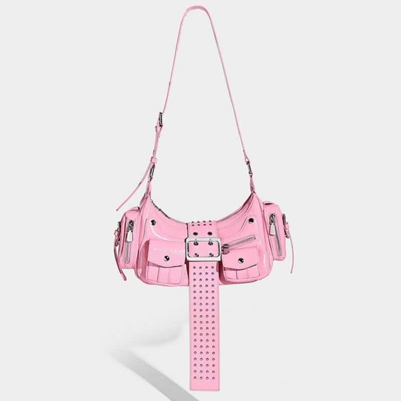 Moto Punk Studded Handbag – Rock Chic Buckle Detail Tote for Women