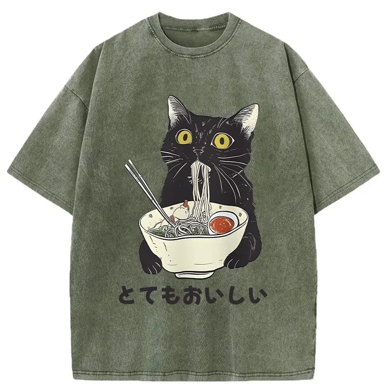 Cats Eat Ramen Noodles Washed T-Shirt