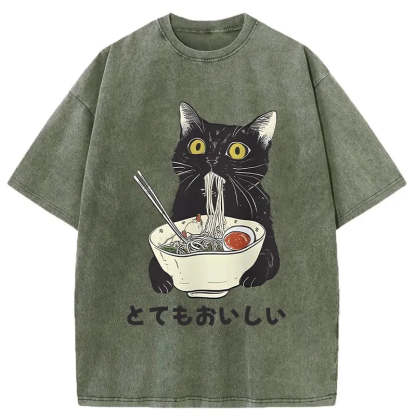 Cats Eat Ramen Noodles Washed T-Shirt