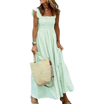 Women's Retro Plaid Smocked Dress Spaghetti Strap Flounce Long Dress