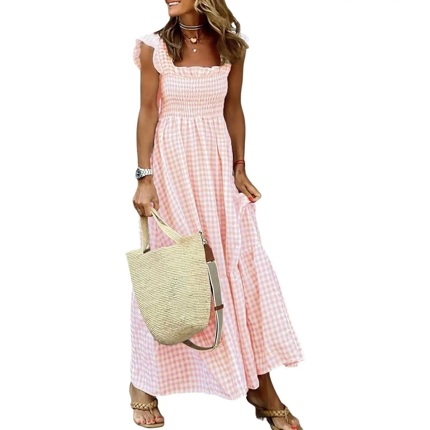 Women's Retro Plaid Smocked Dress Spaghetti Strap Flounce Long Dress