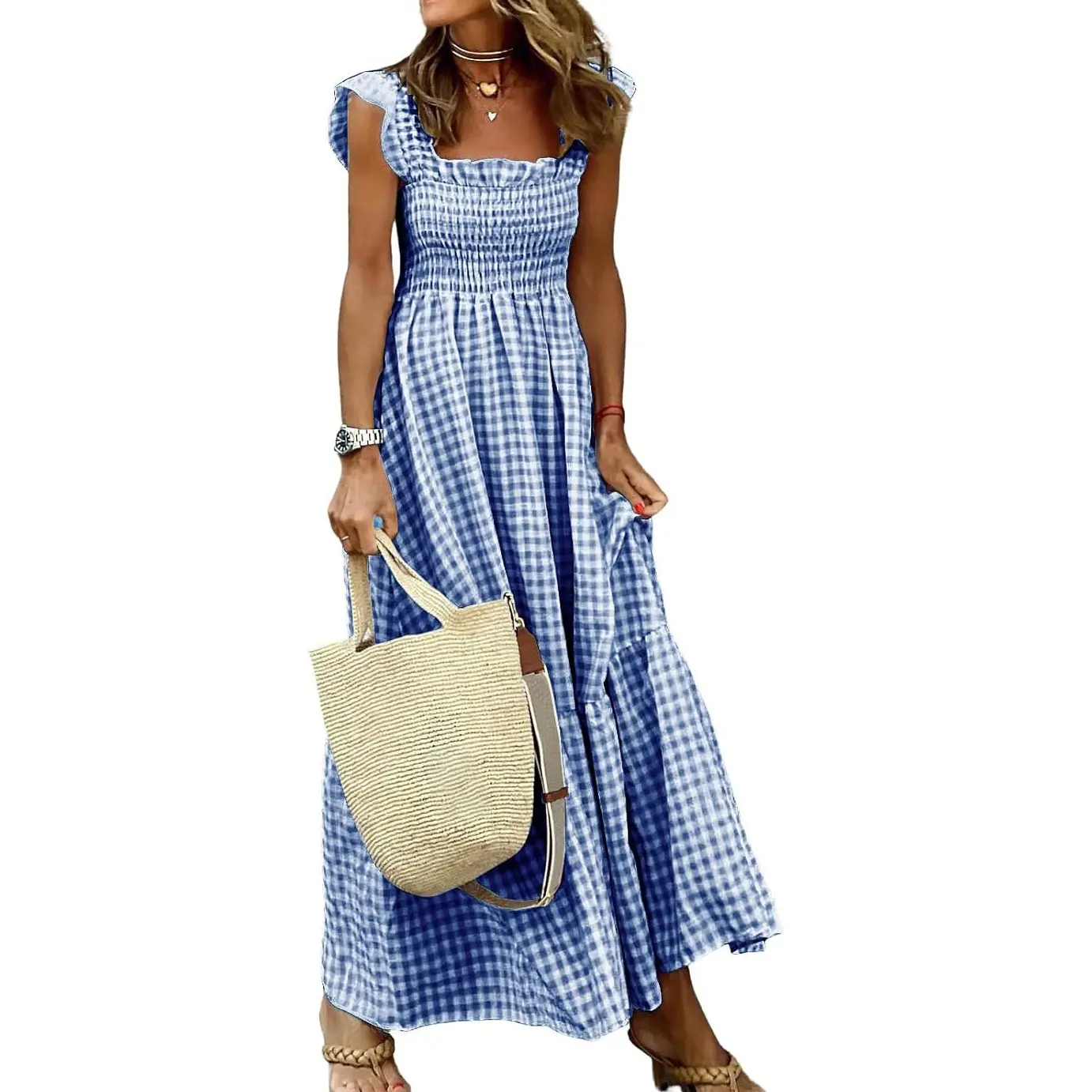 Women's Retro Plaid Smocked Dress Spaghetti Strap Flounce Long Dress