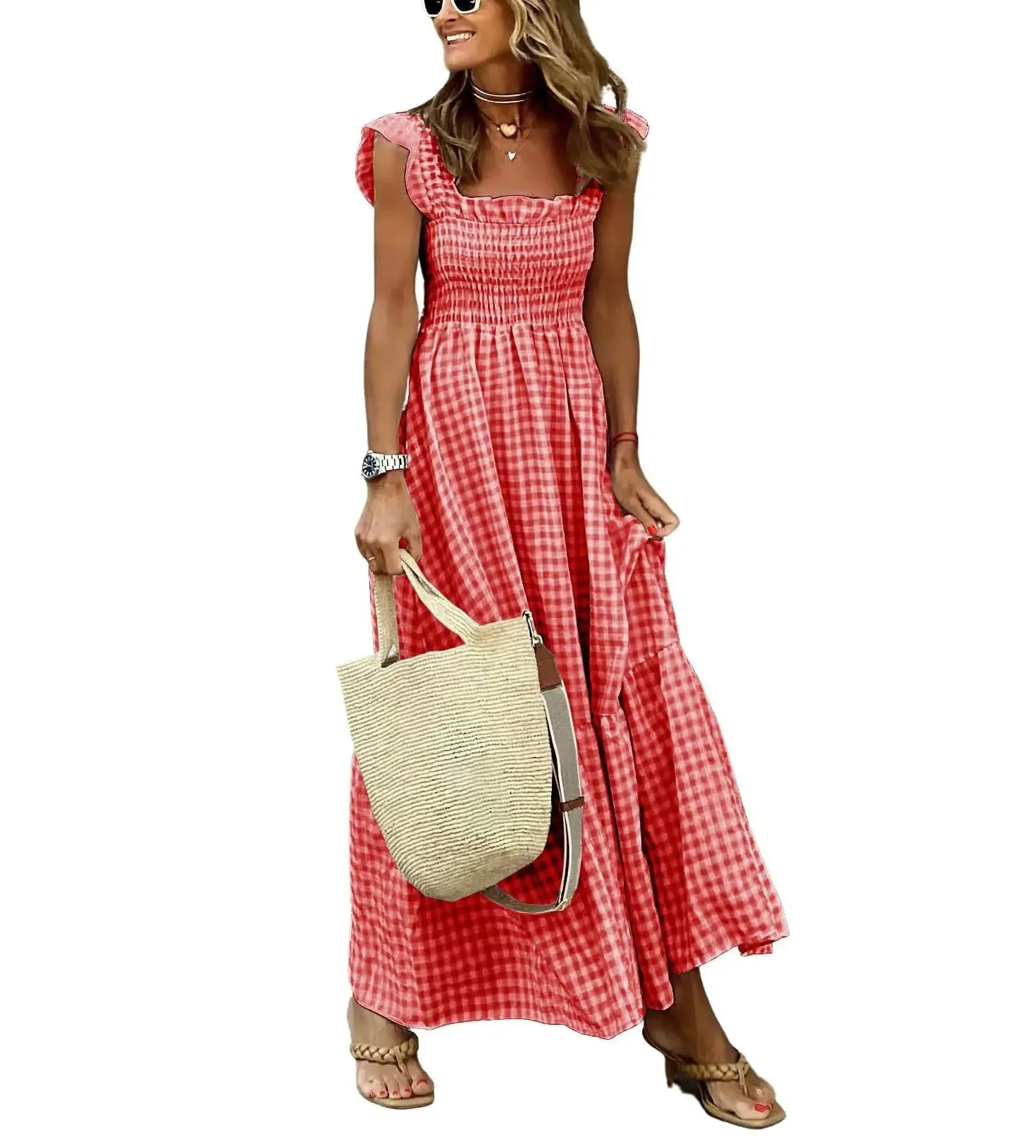 Women's Retro Plaid Smocked Dress Spaghetti Strap Flounce Long Dress