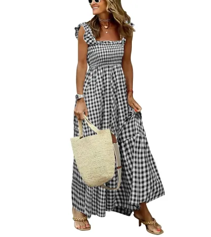 Women's Retro Plaid Smocked Dress Spaghetti Strap Flounce Long Dress