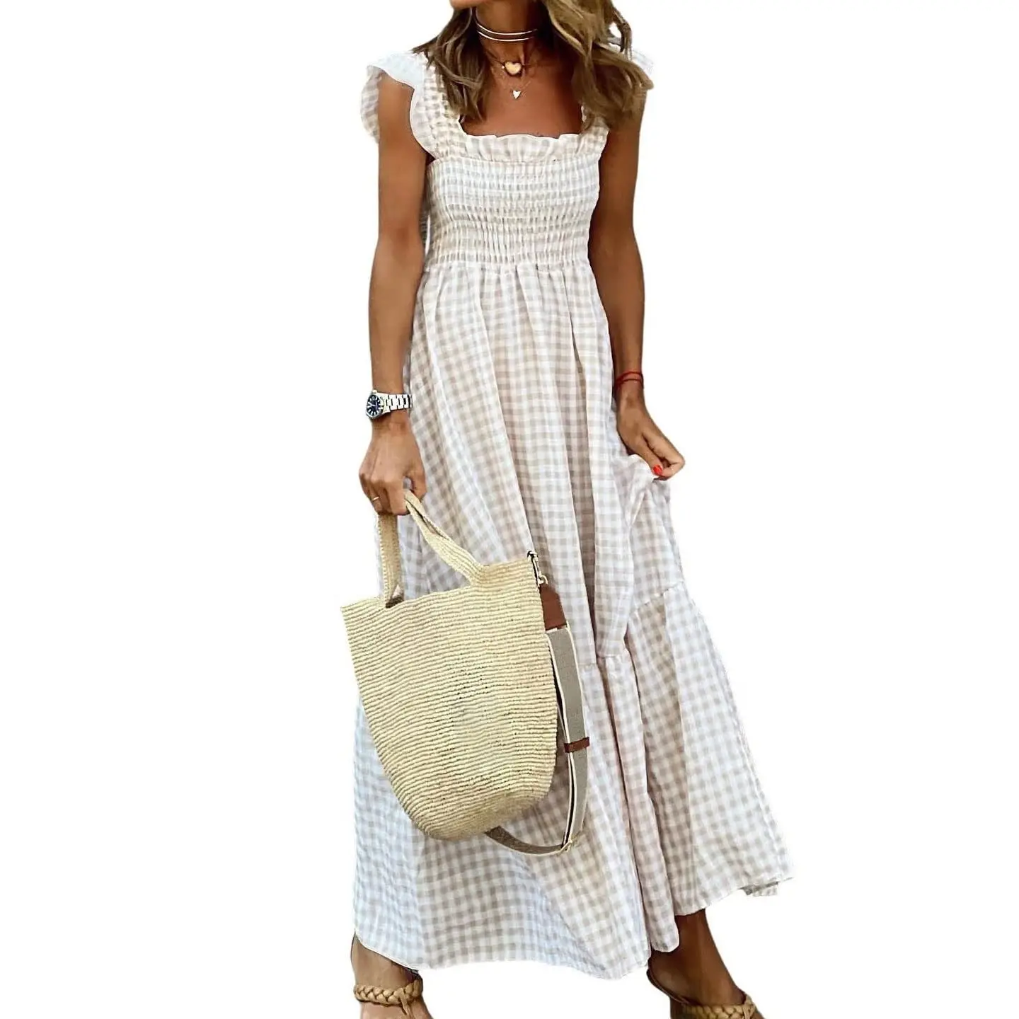 Women's Retro Plaid Smocked Dress Spaghetti Strap Flounce Long Dress