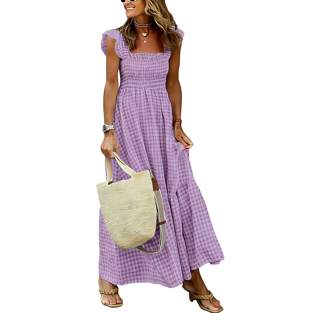 Women's Retro Plaid Smocked Dress Spaghetti Strap Flounce Long Dress