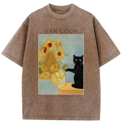 Black Cat With Sunflowers Washed T-Shirt