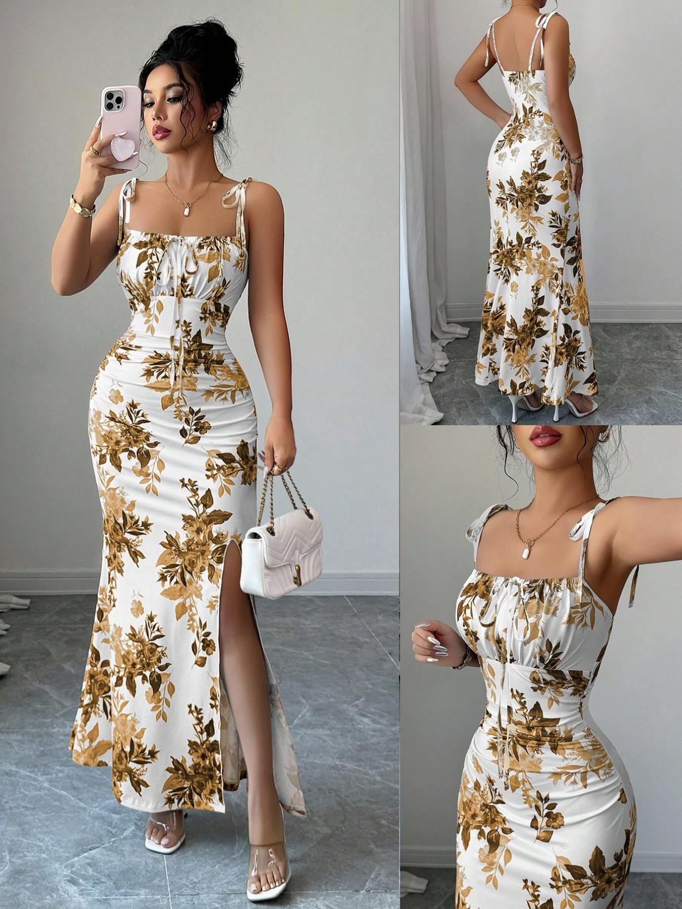 New Women's Fine Strap Bow Waist Ruched Hem Slit Design Dress, Casual Fitted Party Daily Wear, Tall Slimming Elegant Dress