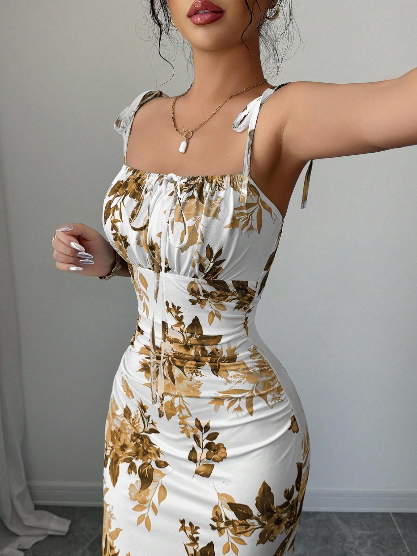 New Women's Fine Strap Bow Waist Ruched Hem Slit Design Dress, Casual Fitted Party Daily Wear, Tall Slimming Elegant Dress