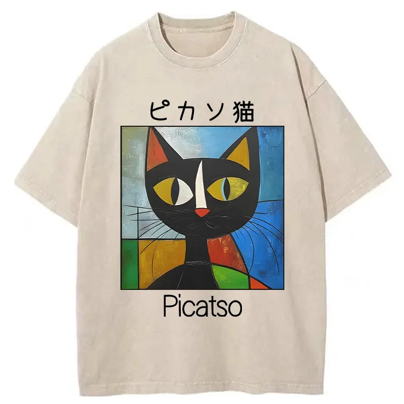 Funny Picasso Cat Washed T-Shirt