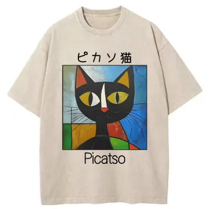 Funny Picasso Cat Washed T-Shirt