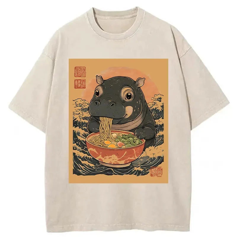 Moo Deng Eat Ramen Washed T-Shirt