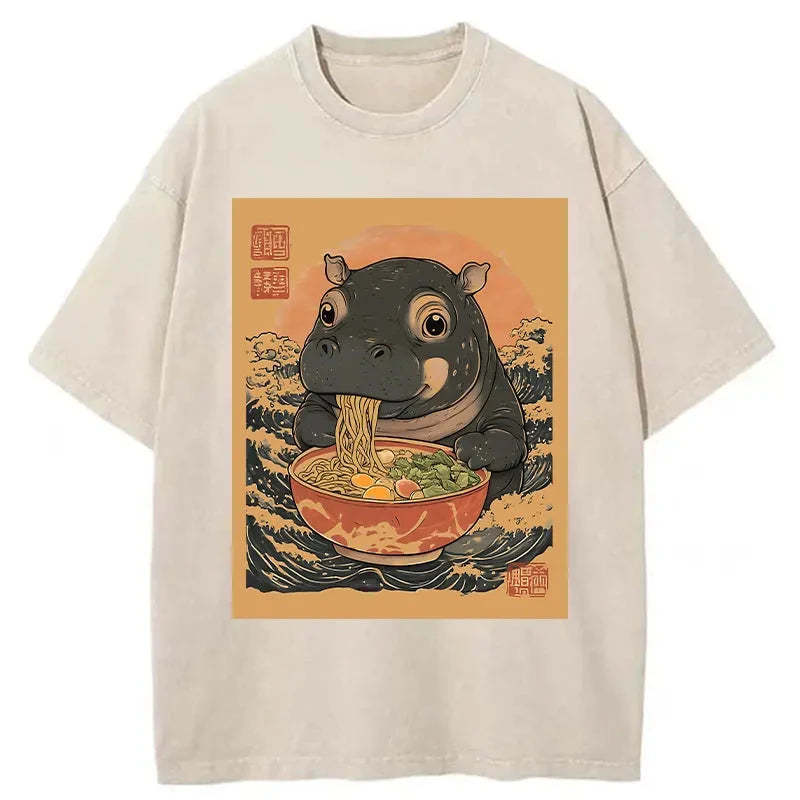 Moo Deng Eat Ramen Washed T-Shirt