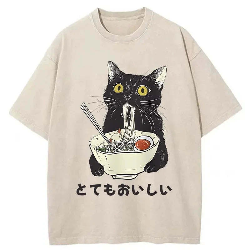 Cats Eat Ramen Noodles Washed T-Shirt