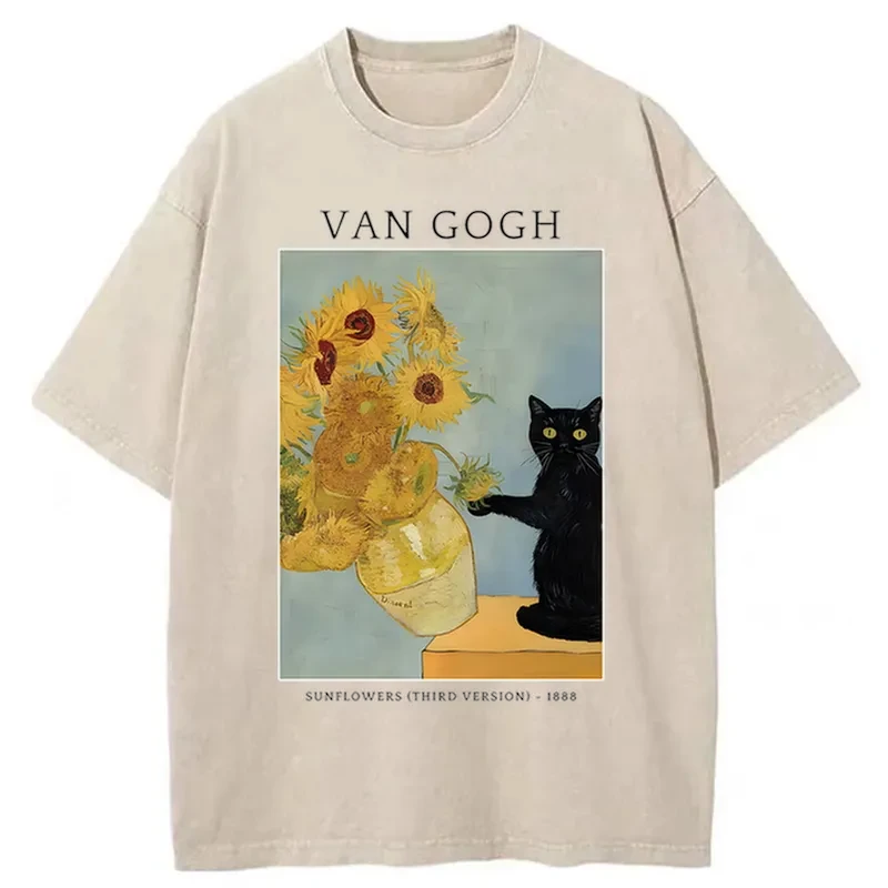 Black Cat With Sunflowers Washed T-Shirt