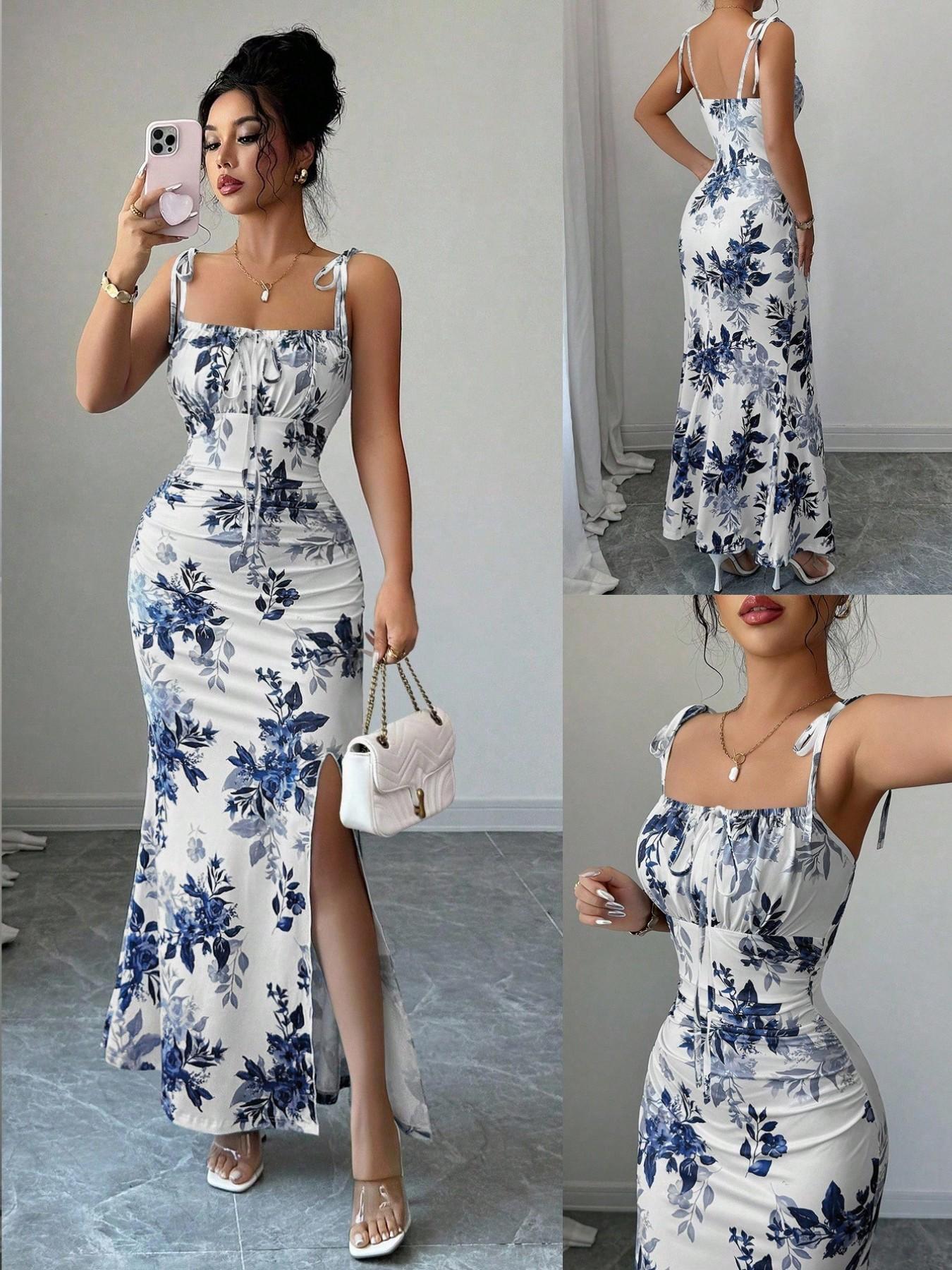 New Women's Fine Strap Bow Waist Ruched Hem Slit Design Dress, Casual Fitted Party Daily Wear, Tall Slimming Elegant Dress