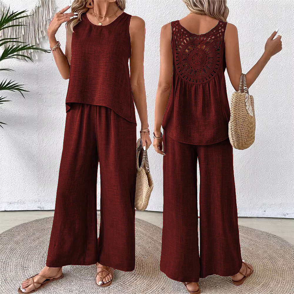 Women’s Summer Crochet Back Two-Piece Set – Relaxed Sleeveless Outfit