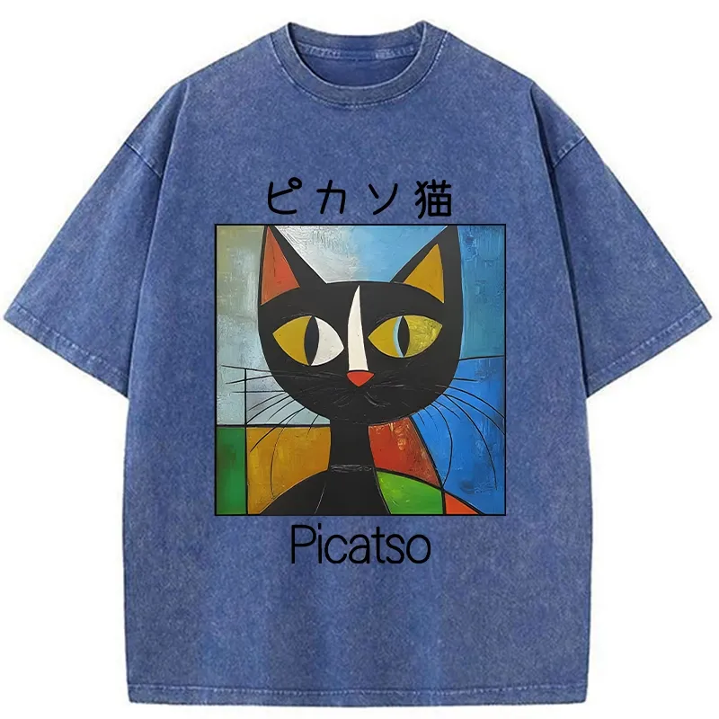 Funny Picasso Cat Washed T-Shirt